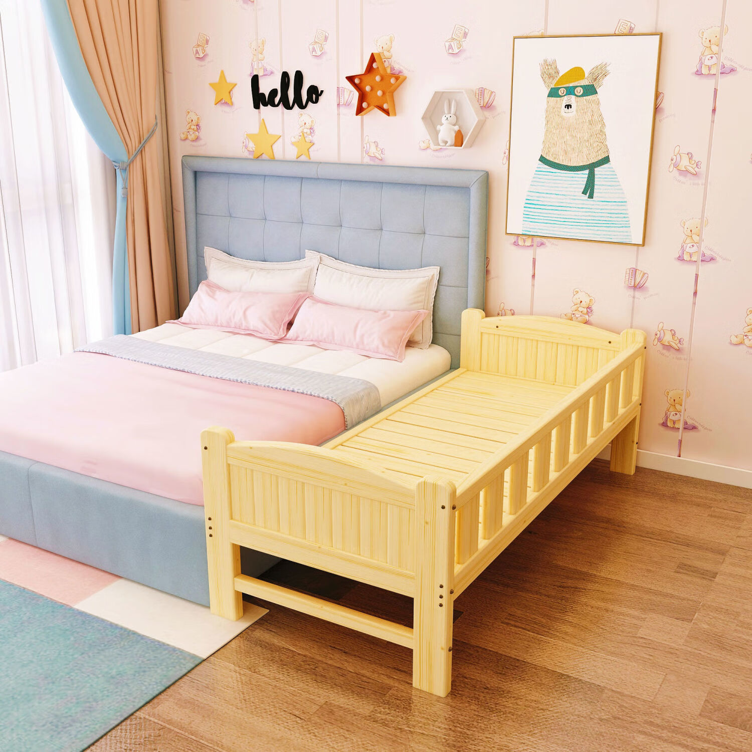 益美思实木儿童床大床加宽床婴儿床带围栏小孩单人床拼接床边床加宽床