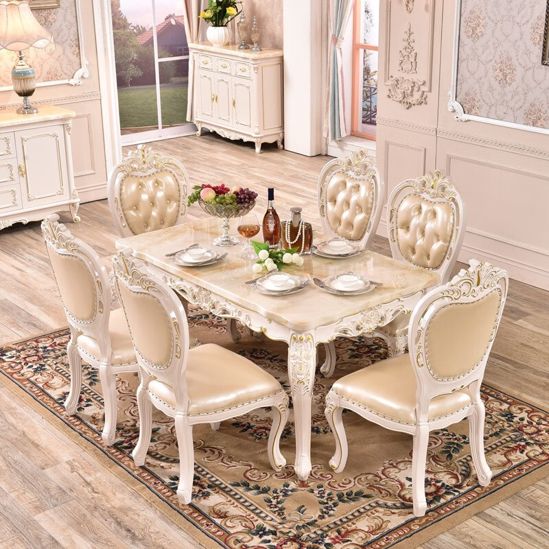 凰城盛世 欧式餐桌椅组合 大理石餐桌 长方形实木餐桌 双面雕花餐椅 1桌4椅 餐桌130*80 cm