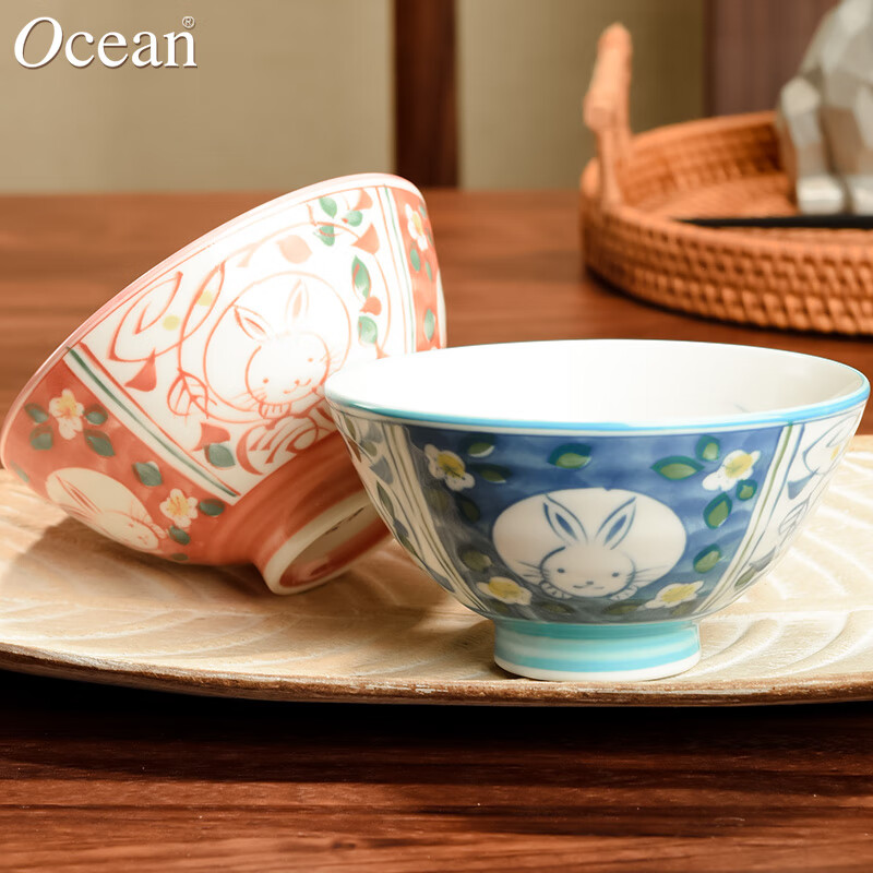 Ocean日本进口日式拉面碗釉下彩陶瓷牛肉汤面碗 2个白兔款