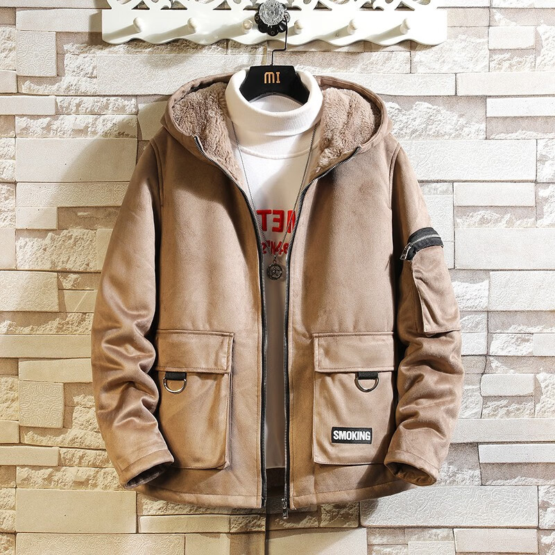 大码男装新款冬季时尚潮牌皮毛一体衣男士加绒连帽夹克外套男防寒保暖