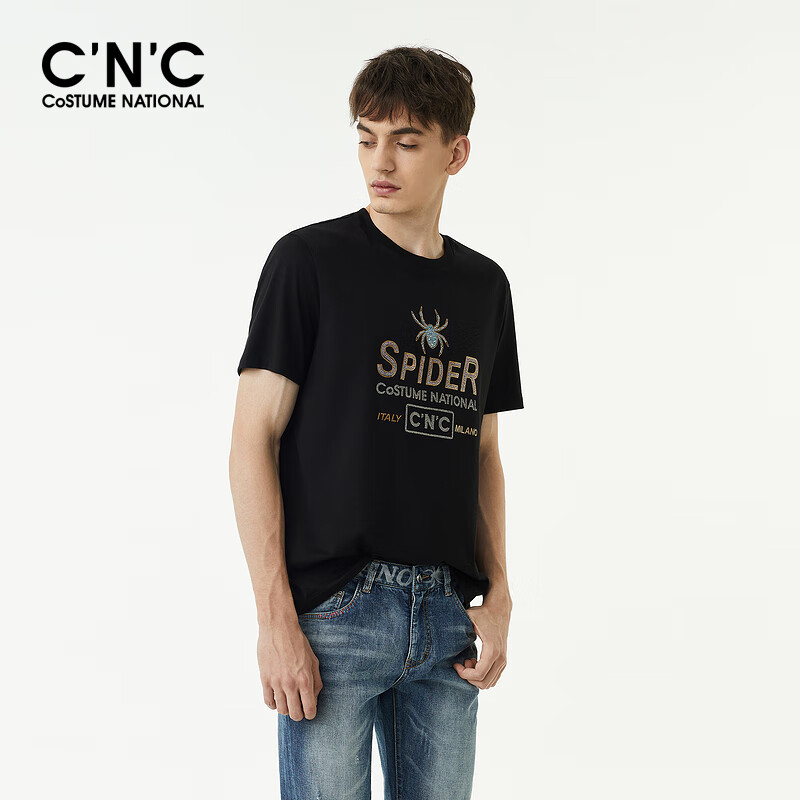 C'N'C【店鋪熱款】夏季款圓領短袖T賉品牌logo字母燙鑽打底衫 黑色 52（180/96A）