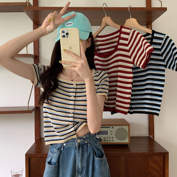 绮岑夏天衣服女装高腰上衣冰丝条纹针织衫夏季方领短袖显 杏色 m码