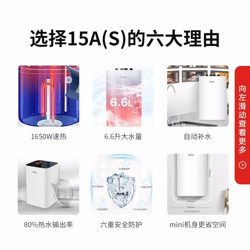 美的（Midea）6.6升1650W速热升级 蓝钻内胆安全防护 上出水小厨宝小体积升级款 白色 F6.6-15A（S）