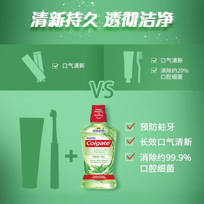 高露洁（Colgate）漱口水口气清新便携一次性无酒精含氟口腔细菌清洁口腔牙渍 清新茶健500ml*2