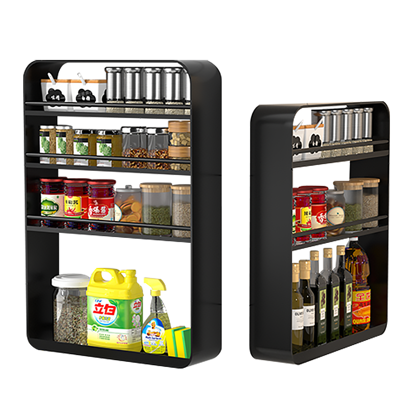 水天一方 厨房置物架壁挂免打孔多层调料盒家用油盐酱醋调味品收纳架子家居厨具挂架 4层-简约白【升级加宽带围栏】