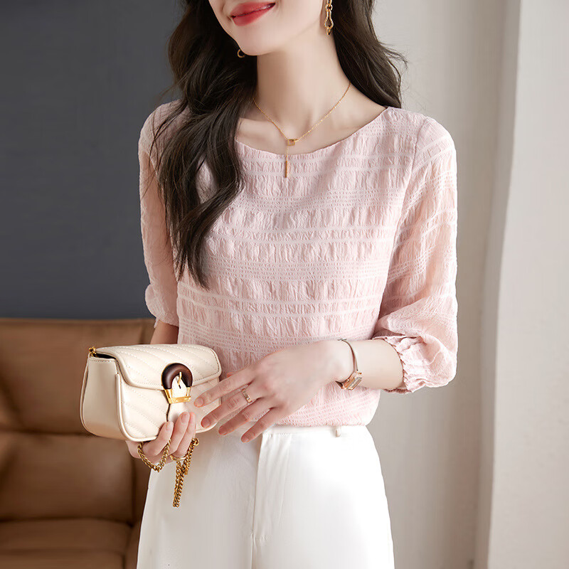 歌米拉(gemila)圆领雪纺t恤女短款上衣七分袖春夏新款百搭小衫 粉色 m