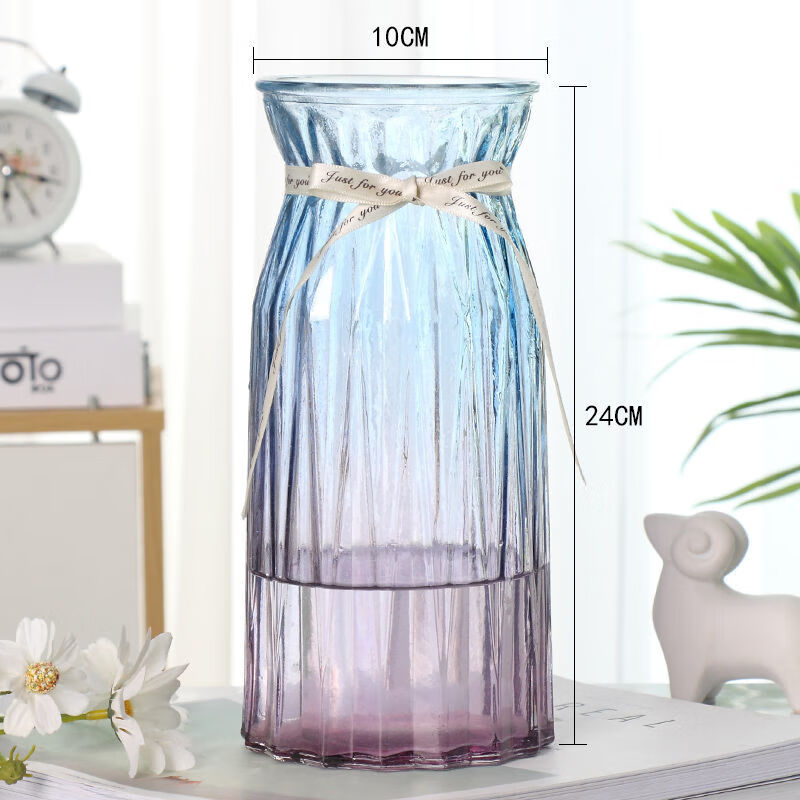 特大号高款玻璃花瓶透明水养富贵竹百合花瓶客厅插花欧式花瓶摆件 24CM折纸蓝紫色 大