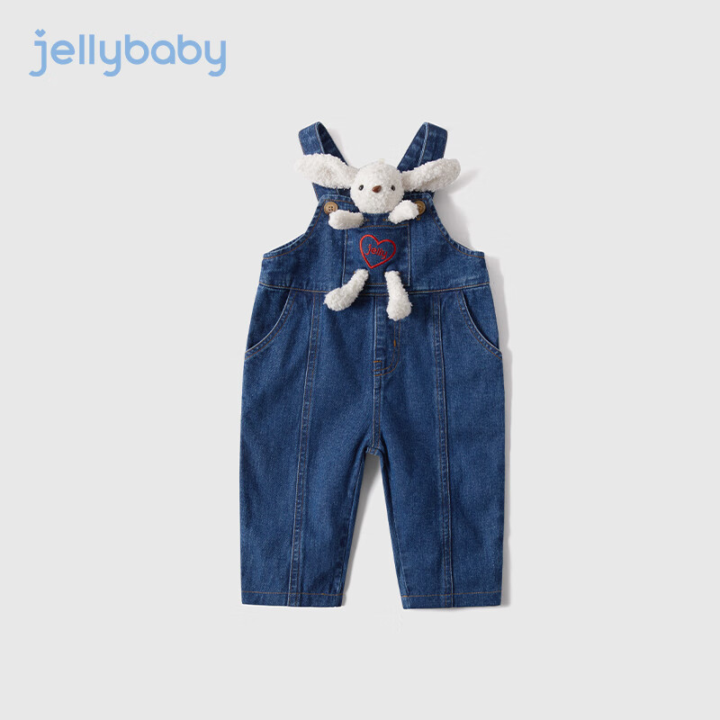 JELLYBABY【立体】2023年春季新款男童女童宝宝裤子牛仔裤背带裤 牛仔蓝兔子 100