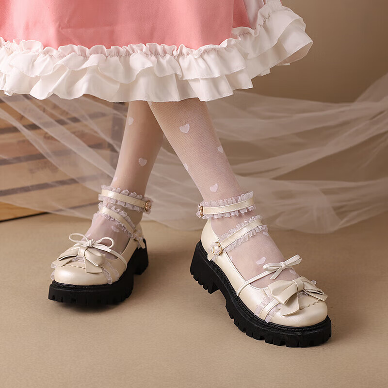 勤度洛丽塔鞋子大码lolita蕾丝学生jk制服单鞋公主鞋漫展复古 米色 34