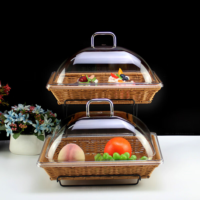 嘉宝日用藤编面包篮带盖蛋糕展示架甜品点心收纳筐自助餐糕点展示盘架摆台 米色篮53*33*8+翻盖+双层黑架