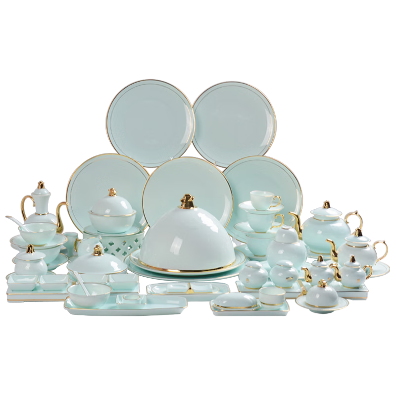 华光国瓷 青瓷骨瓷餐具套装 华青瓷碗碟盘套装 中国风高档家用 国仕礼盒装 18头