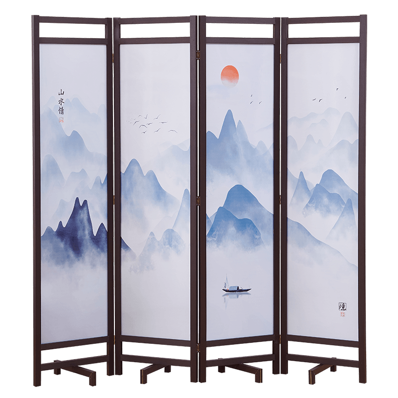 L&S  屏风 家用实木屏风隔断客厅卧室中式时尚办公室现代酒店定制折屏可折叠拉直PF11 【山水情】【四折叠】