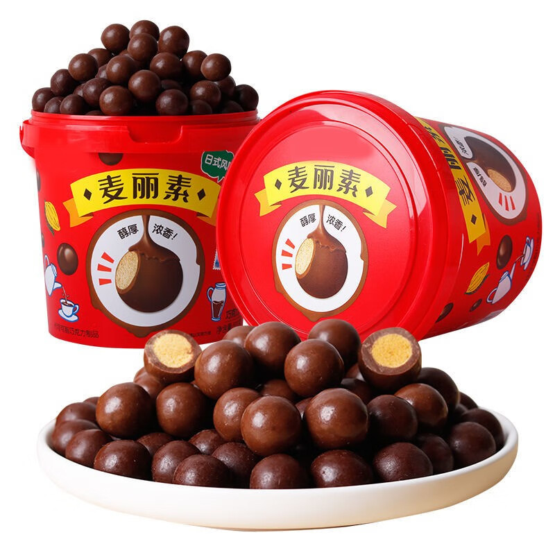 网红麦丽素桶装日式黑巧克力豆儿童礼物怀旧零食 巧克力味168g【1桶】 精品圆果