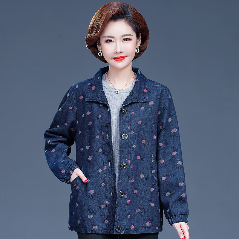 卞风妈妈春秋绵绸外套洋气新款中老年秋装短款风衣60岁中年女牛仔上衣