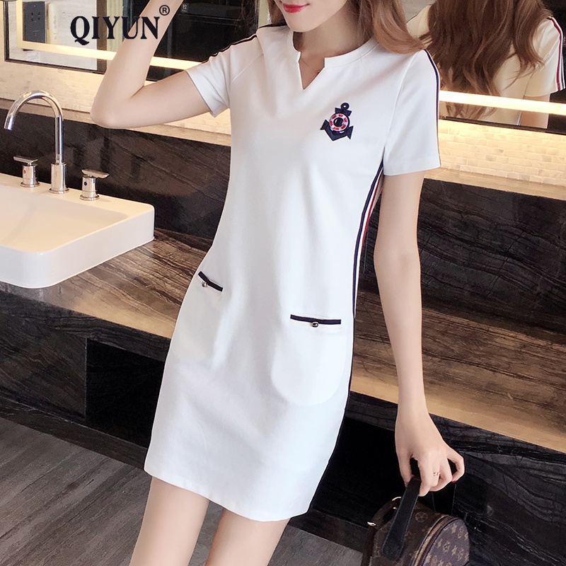 QIYUN原创女装 修身连衣裙女夏季新款短袖运动休闲简约时尚裙子 白色 L (105-120斤)