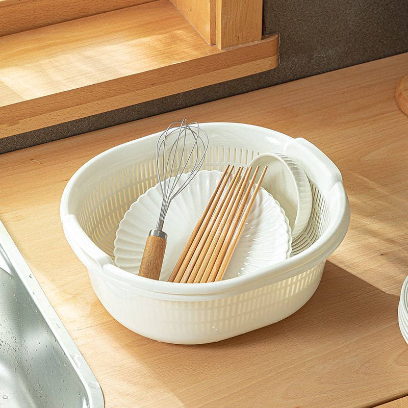 家の物语（KATEI STORY）日本进口厨房沥水洗菜篮塑料洗菜盆水果蔬菜清洗盆碗碟收纳篮 白色套装（双层）
