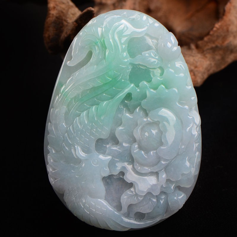 珑翠福缅甸翡翠a货冰绿玉凤凰吊坠女款翡翠凤凰玉石玉佩女款带证 凤穿