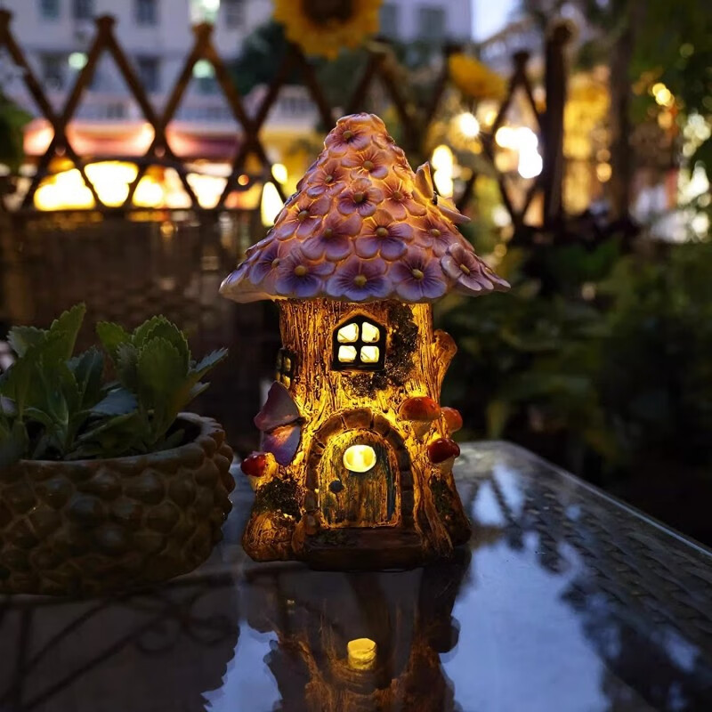 时宴太阳能庭院灯树脂工艺品创意花房子微景观防水花园装饰摆件 花房子灯