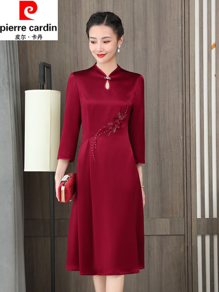 皮尔卡丹喜婆婆装婚礼妈妈礼服婚宴装高贵真丝旗袍气质高端桑蚕丝