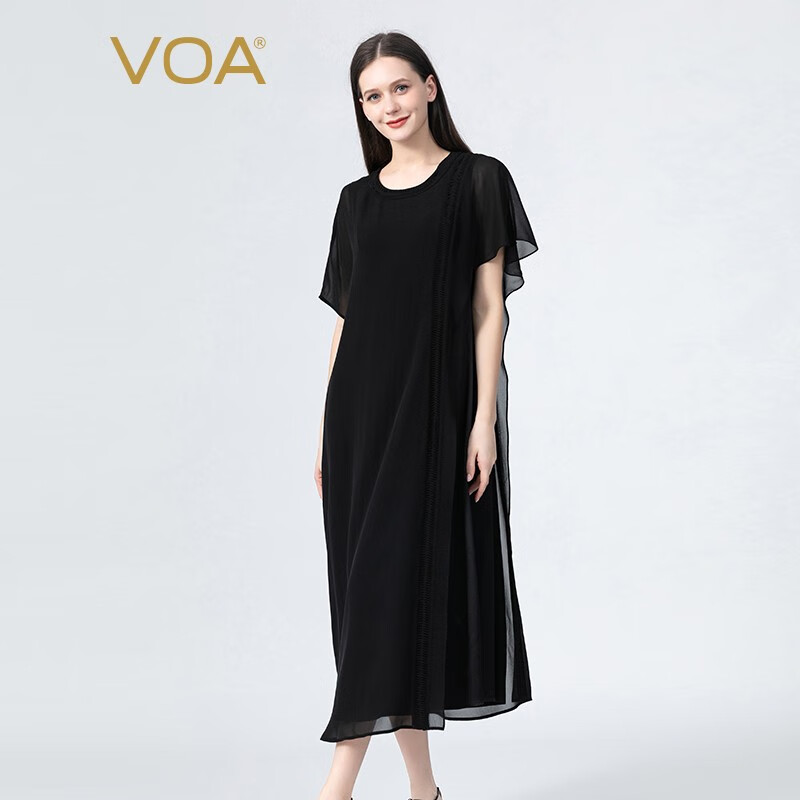 VOA真丝斜纹黑纹缎圆领褶皱撞料拼接不对称设计桑蚕丝连衣裙 AE1201 黑纹缎（B82） 165/L