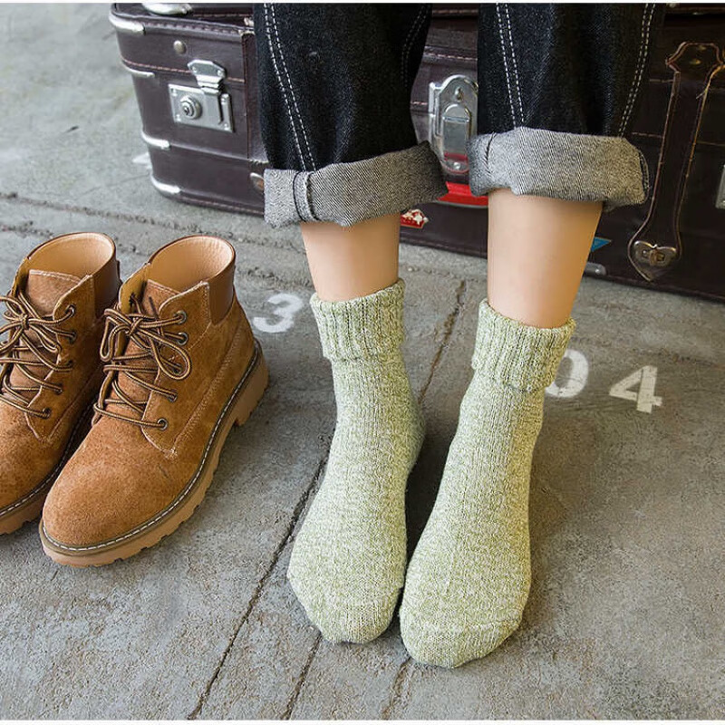 秋冬款袜子女加厚保暖堆堆袜中筒月子羊毛袜冬天毛线袜 浅绿色 双装