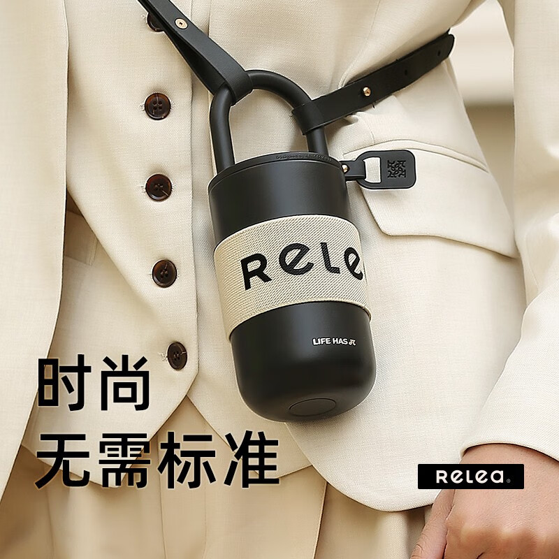 物生物（RELEA）保温杯男女士316不锈钢大容量水杯高颜值车载随行学生杯子家居馆 耀夜黑400ml-含杯带