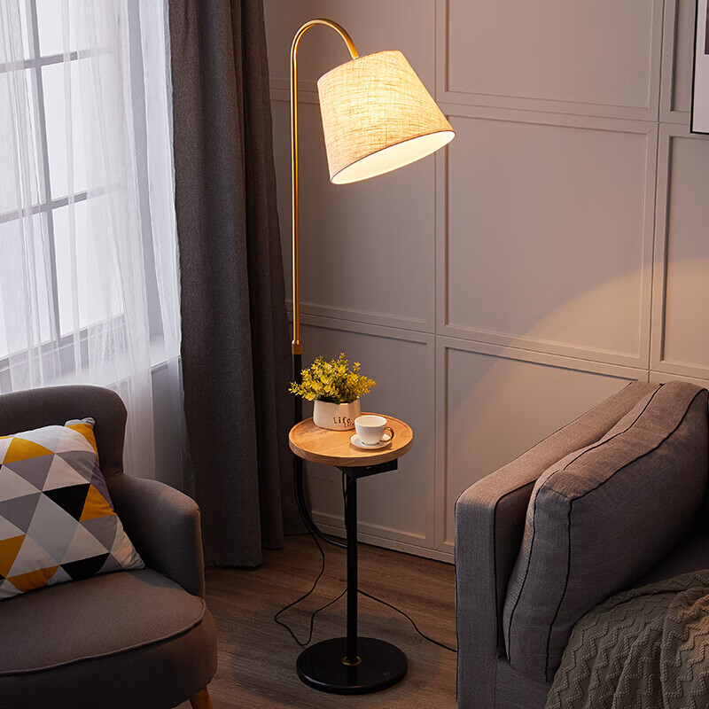 拾光记忆 落地灯北欧无线充电茶几落地灯客厅地灯卧室床头灯现代创意美式极简约轻奢落地灯具 原木色桌面 三色变光 黄光 白光 自然光