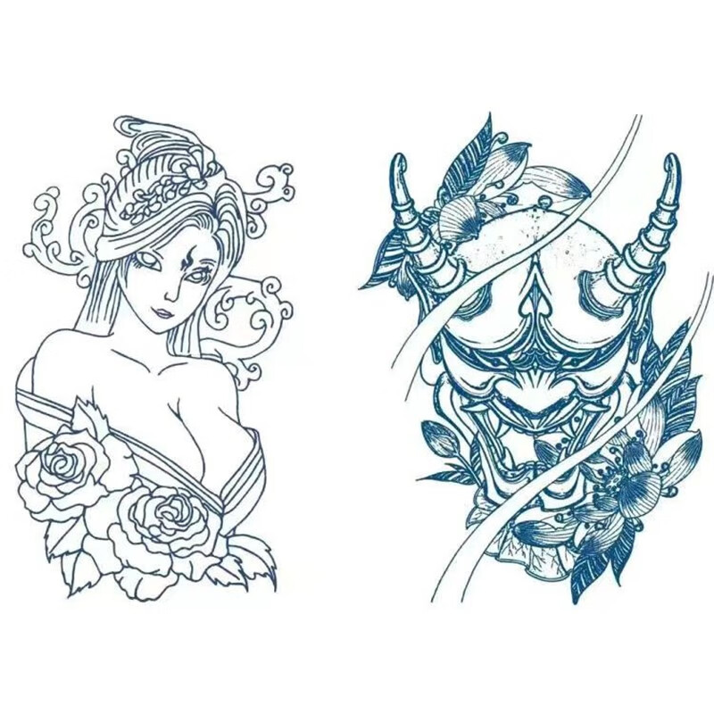 果汁半臂纹身贴男女防水仿真性感美女女神线条花臂 性感女神 鬼面般若