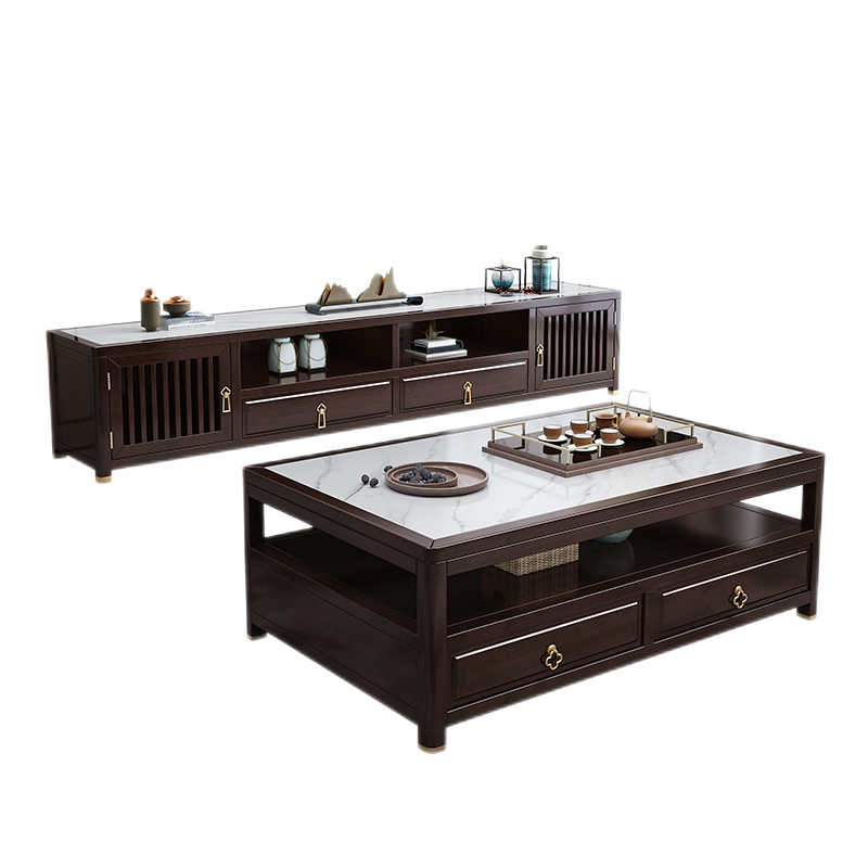 优卡吉 新中式岩板电视柜茶几组合现代简约实木地柜轻奢客厅墙柜储物新NJ-8225#. 1.4米茶几+2.1米电视柜