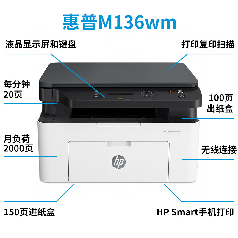 惠普（HP）打印机M126a 136wm 136nw A4黑白激光复印扫描多功能一体机家用办公作业 136wm（打印复印扫描+无线连接+USB）