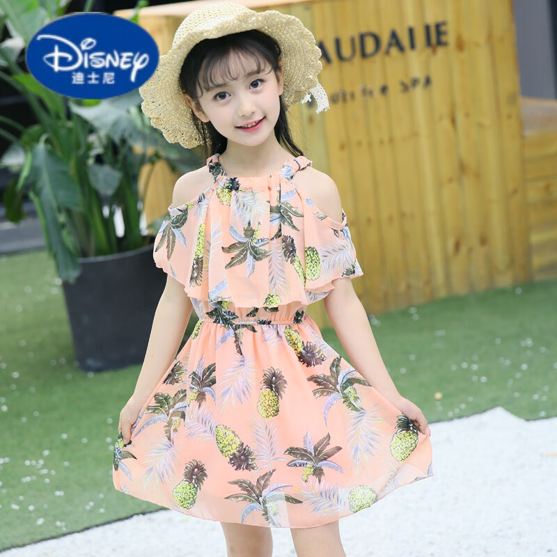 迪士尼（Disney）女童連衣裙兒童夏裝童裝女吊帶雪紡碎花裙小女孩夏季裙子2023新款 雪紡裙 菠蘿 粉色 110碼100cm身高