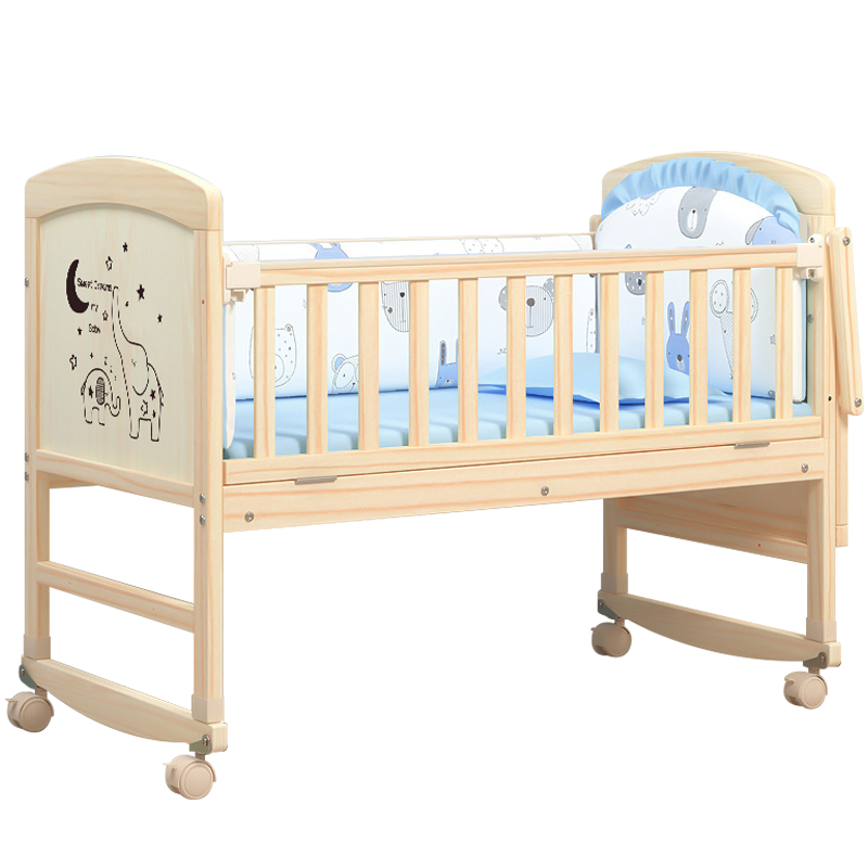 ANGI BABY 婴儿床实木无漆多功能带尿布台新生儿bb可移动摇床加长儿童床 单层床加五件套+棕垫（尿布台）