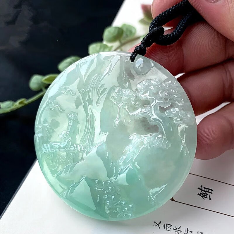佩曼 山水牌翡翠缅甸老坑冰种玉石吊坠男女款颈饰挂件节日礼物朋友
