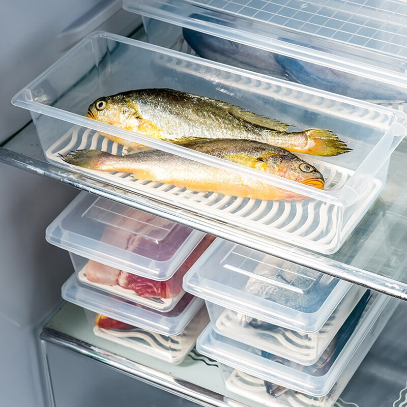 家の物语 日本冰箱收纳保鲜盒带沥水托盘塑料鱼盒冷冻生鲜蔬菜收纳盒塑料冷冻冷藏盒 四个装