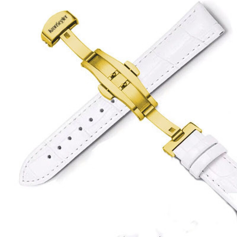 东茂适配适用于坤格手表手表带牛皮蝴蝶扣男女机械表配件20 白色金色双按扣 22mm