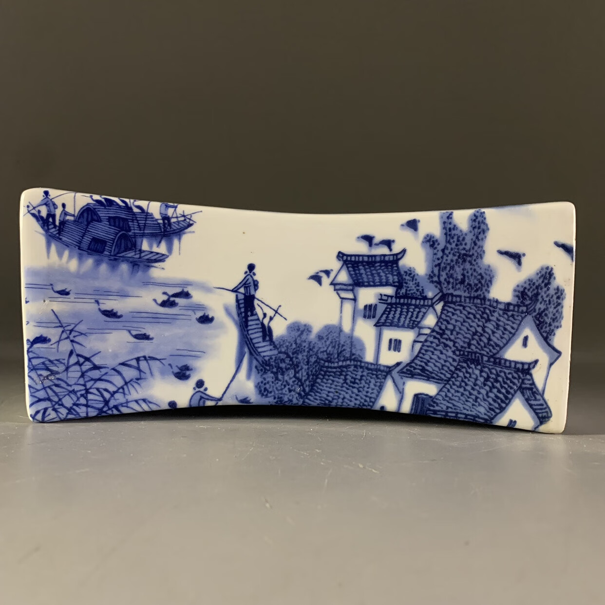 云漫卿青花陶瓷枕头仿古款乾隆年制青花江南水乡山水图大枕头 古董瓷