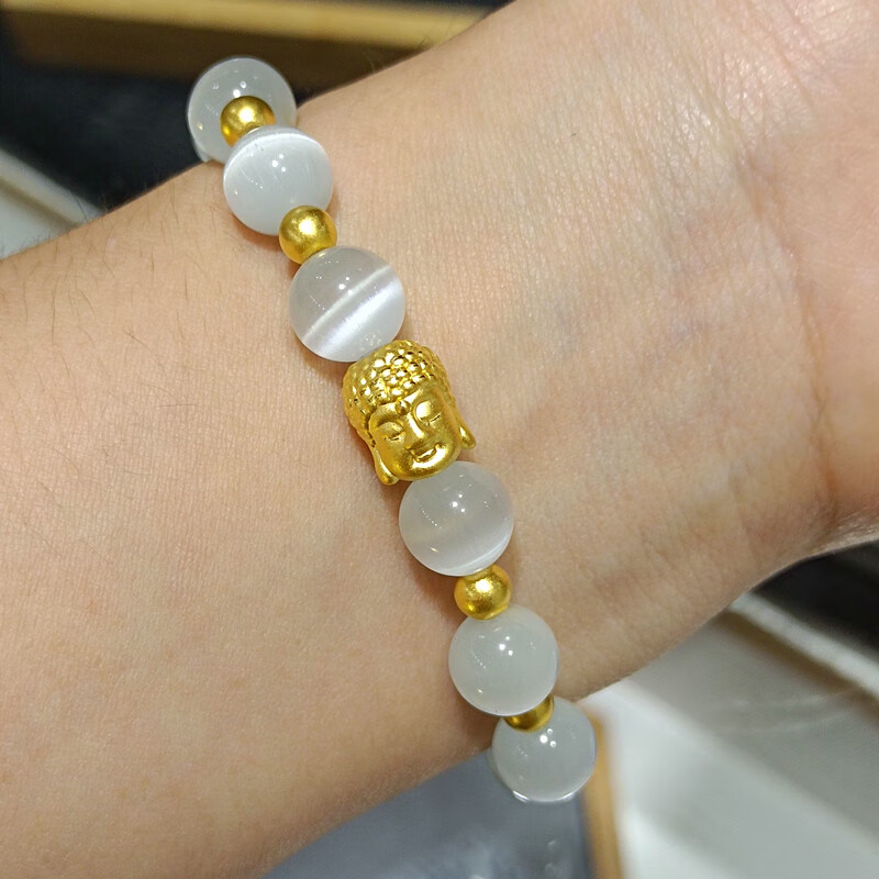 足金佛头 白猫眼手串(不含金珠)_附检测证书
