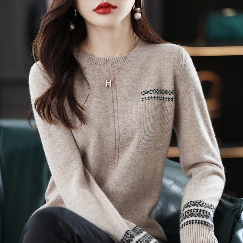 羽虹阁针织衫女圆领毛衣女2022年秋冬新款优雅气质时尚宽松百搭上衣女士打底衫内搭外穿套头毛衣外套女 浅驼 XXL 126斤--135斤