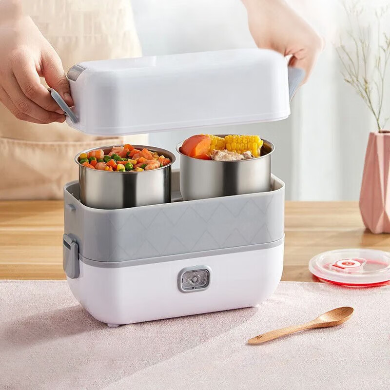 乐卡利 电热饭盒 上班族便携式加热饭盒保温饭盒双层不锈钢内胆 蒸煮保温自热热饭神器2L大容量 电热饭盒