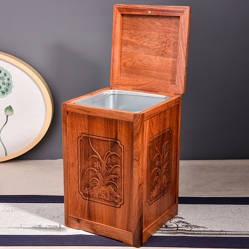 与山择林红木垃圾桶实木雕花中国风古典创意家居客厅大容量茶水桶 雕花垃圾桶