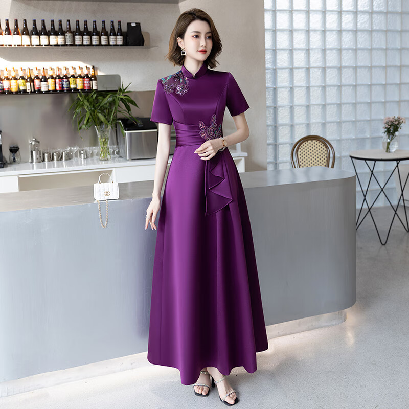 婚礼妈妈装五一结婚喜婆婆婚宴时尚礼服高端喜婆婆婚宴装晚礼 紫色 s