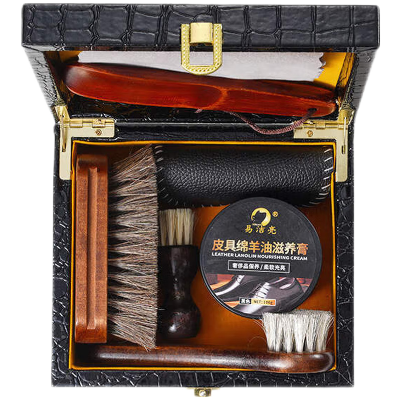 仟居佳鞋油套装马毛刷黑色绵羊油8件皮鞋皮革清洁保养护理抛光工具套装 复古皮盒8件套（无色绵羊油）