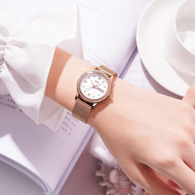 mno梦梭手表女学生韩版简约双日历镶钻石英表高中生防水夜光女表女生
