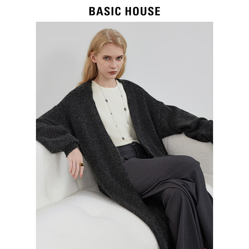 BASIC HOUSE/百家好针织衫2023秋季新款长款外套羊毛衫针织开衫 灰色 S