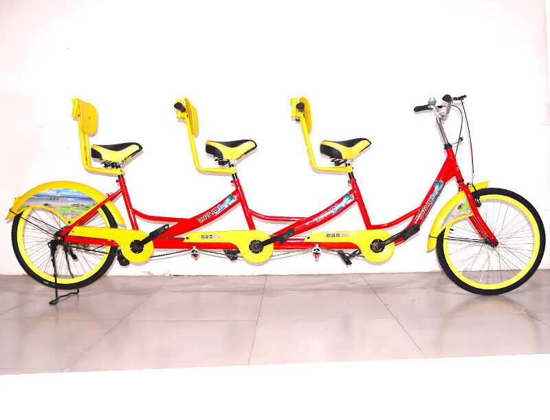 晏山新款24寸三人自行车情侣双人子家庭车景区出租单车多人观光车 红