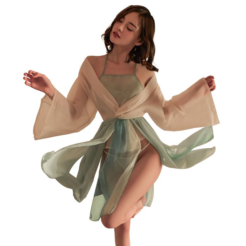 古风角色扮演古装汉服睡衣提花缎纱幔透视性感挂脖抹胸肚兜睡裙 7060