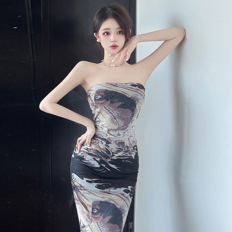 圣洛影宝名媛装时尚性感一字肩网纱印花抹胸连衣裙复古收腰显瘦性感