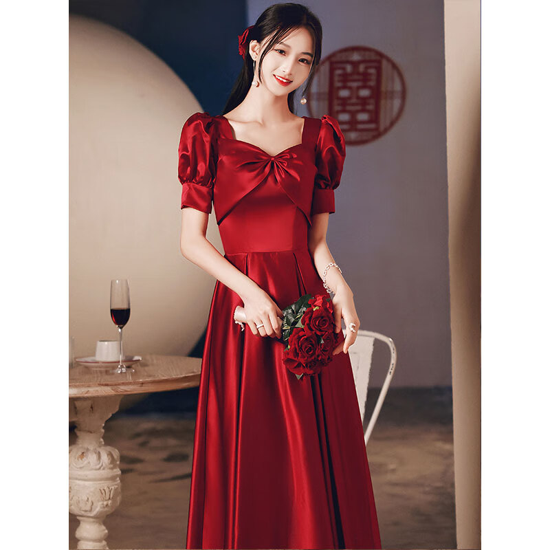 塞德勒（SAIDELE）缎面敬酒服新娘2023新款结婚高端轻奢订婚晚礼服女红色夏季 酒红色长款 L (建议106-115斤)高性价比高么？