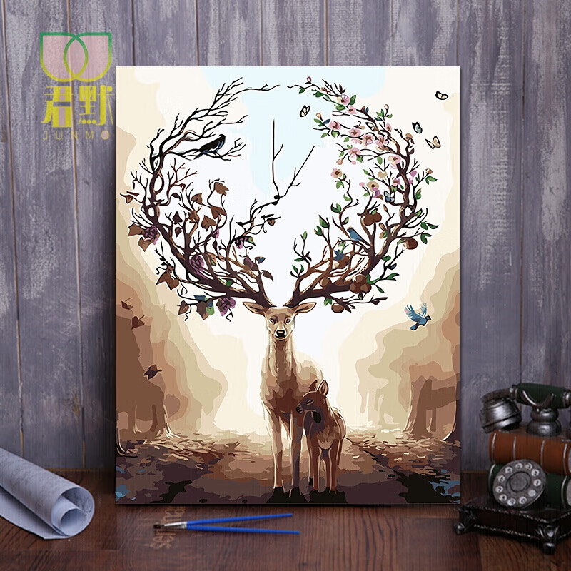 数字油画客厅风景花卉动漫人物填色手绘填色装饰画 银光冰鹿 森林麋鹿
