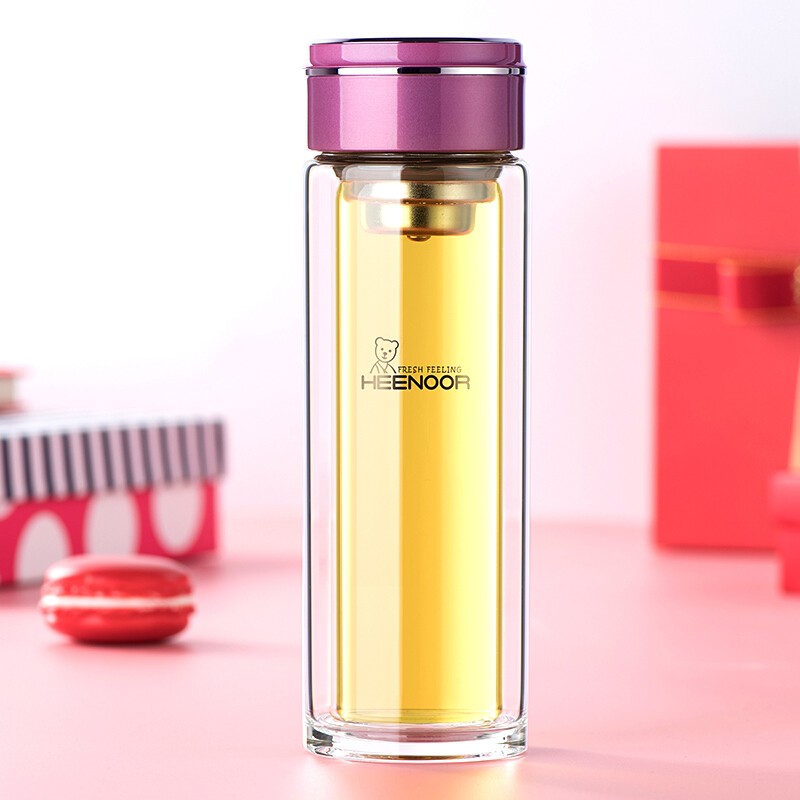 希诺双层玻璃杯 225ml 女士花茶优雅泡茶杯耐热镜面杯盖便携时尚车载